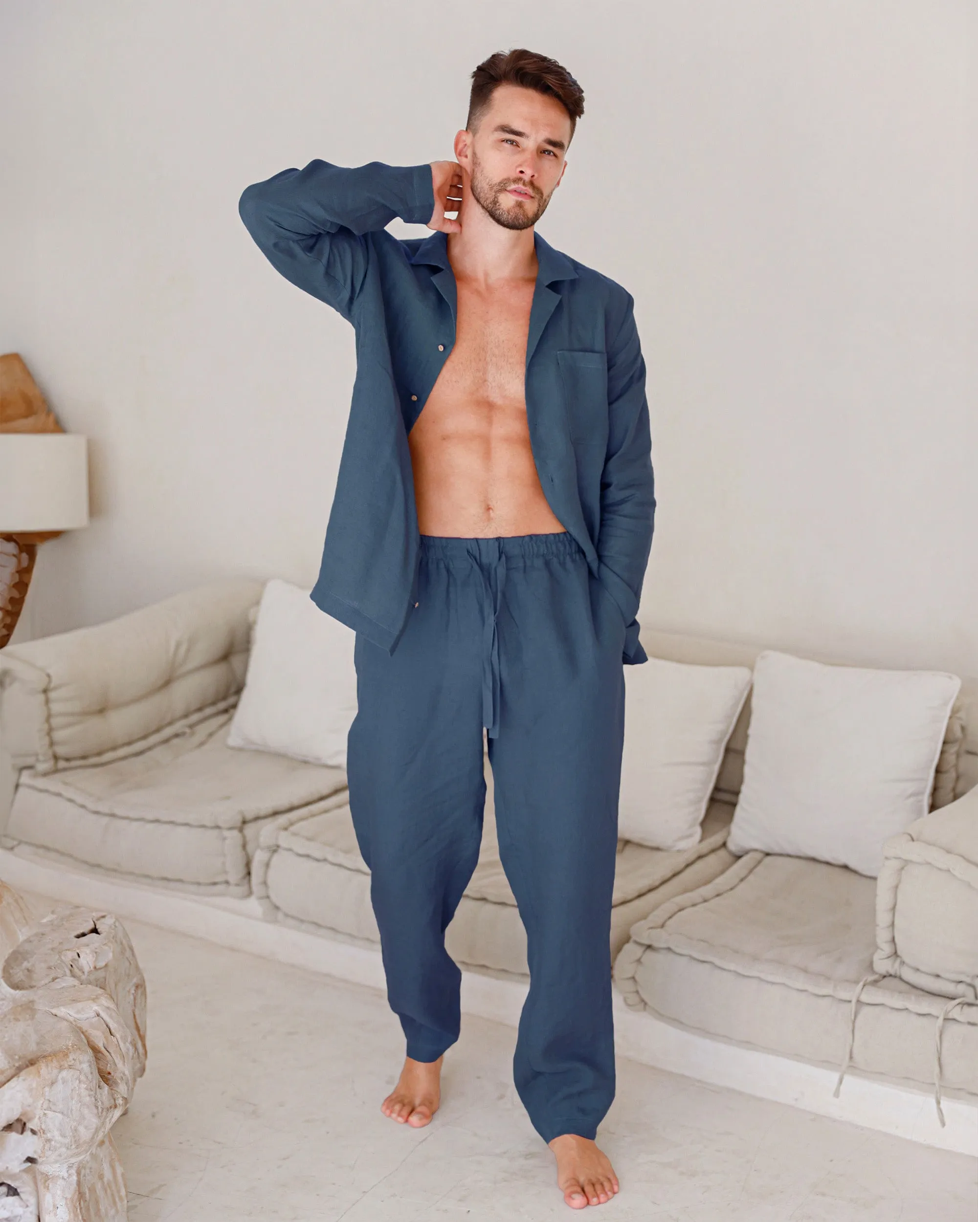 Men's linen pajama set VIGO in Deep Navy Blue