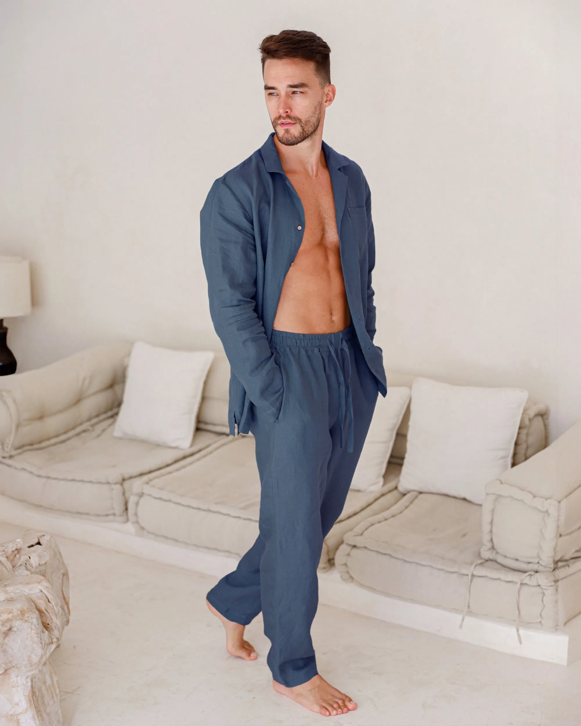 Men's linen pajama set VIGO in Deep Navy Blue