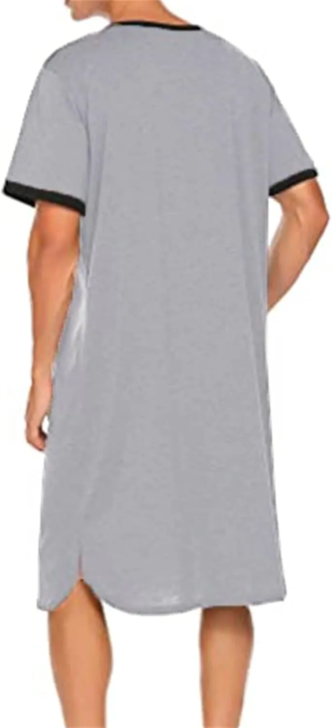 Men's Nightshirt Nightgown Short Sleeve V Neck Sleepshirt Pajama Shirt Summer Comfy Big & Tall Henley Sleep Gowns