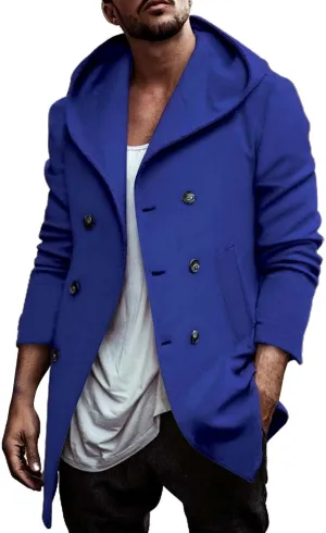 Mens Notch Lapel Double Breasted Trench Coat Winter Warm Wool Blend Pea Coat Work Business Windproof Jacket Overcoat