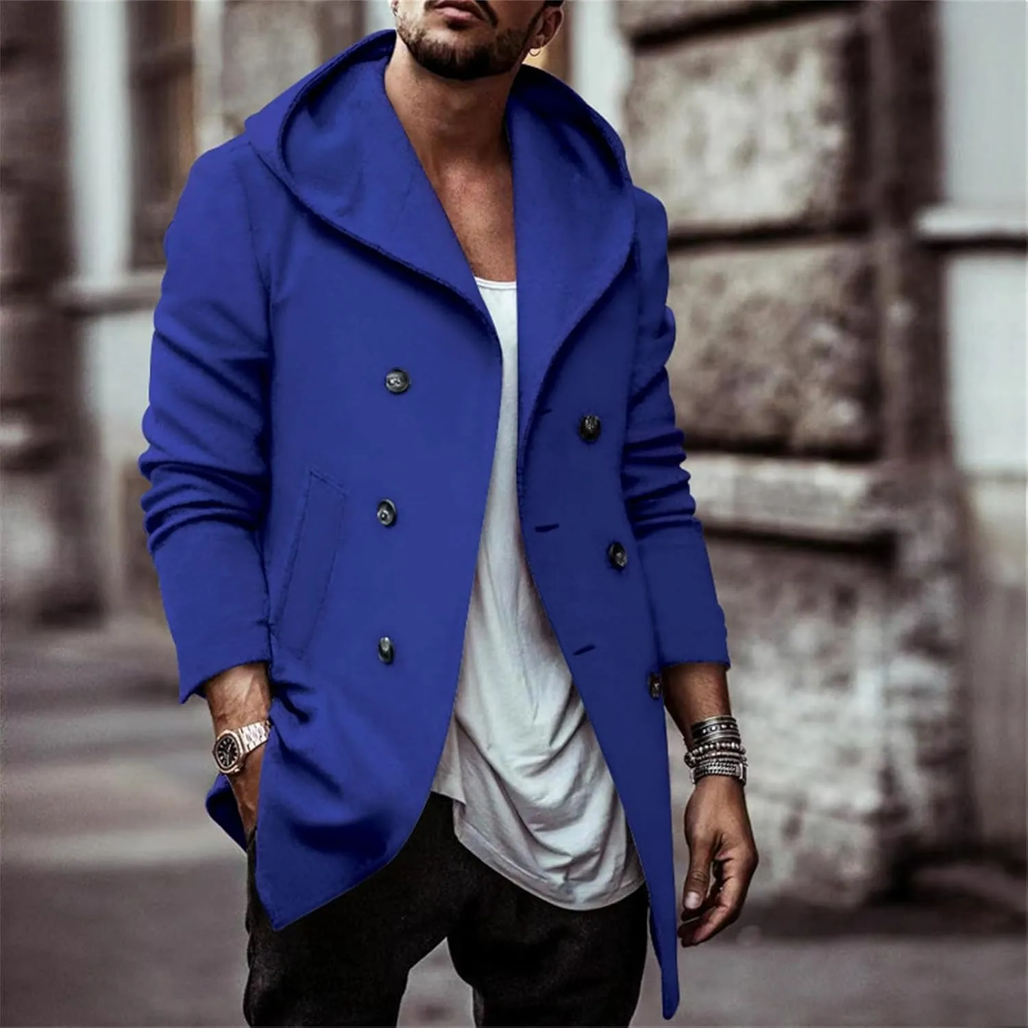 Mens Notch Lapel Double Breasted Trench Coat Winter Warm Wool Blend Pea Coat Work Business Windproof Jacket Overcoat