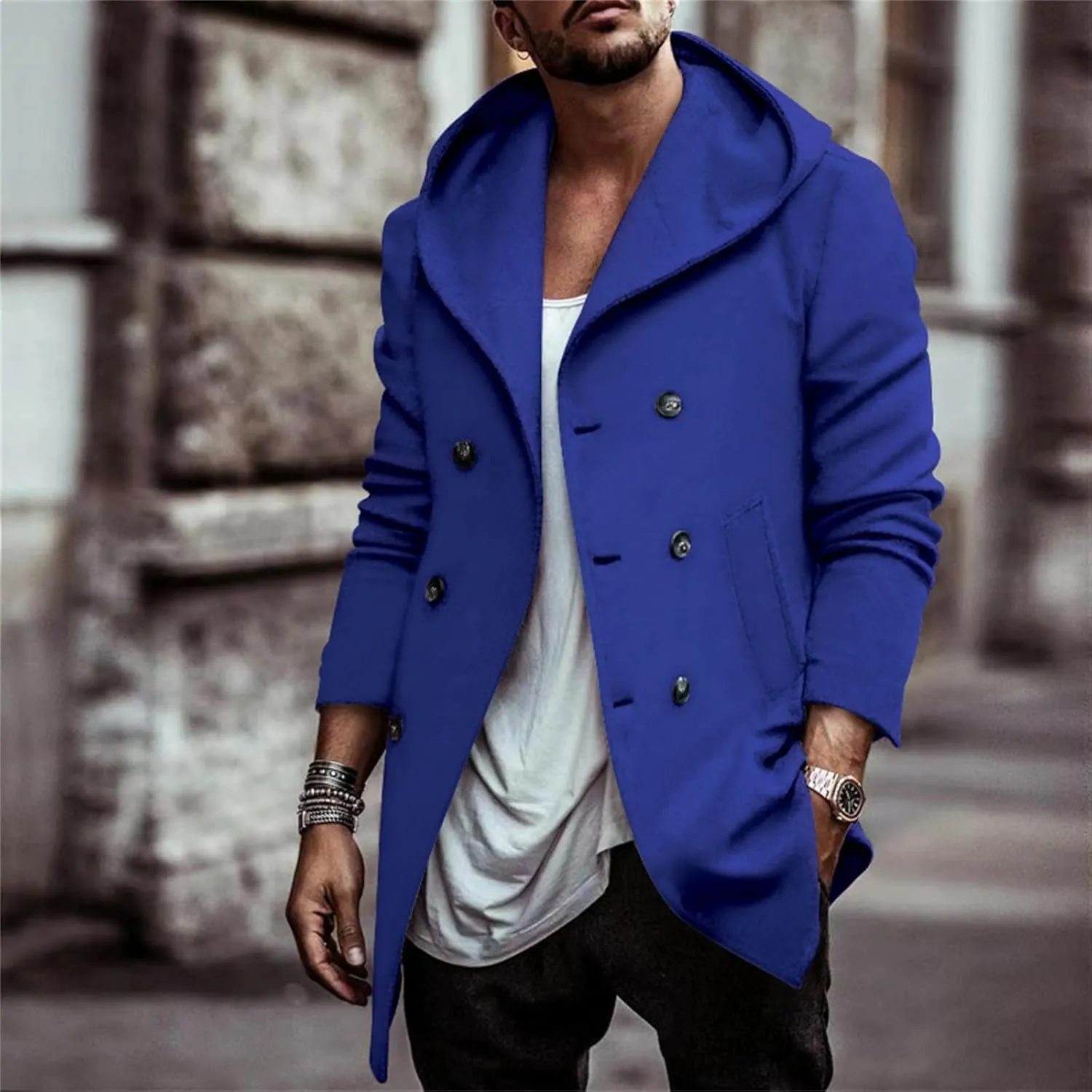 Mens Notch Lapel Double Breasted Trench Coat Winter Warm Wool Blend Pea Coat Work Business Windproof Jacket Overcoat