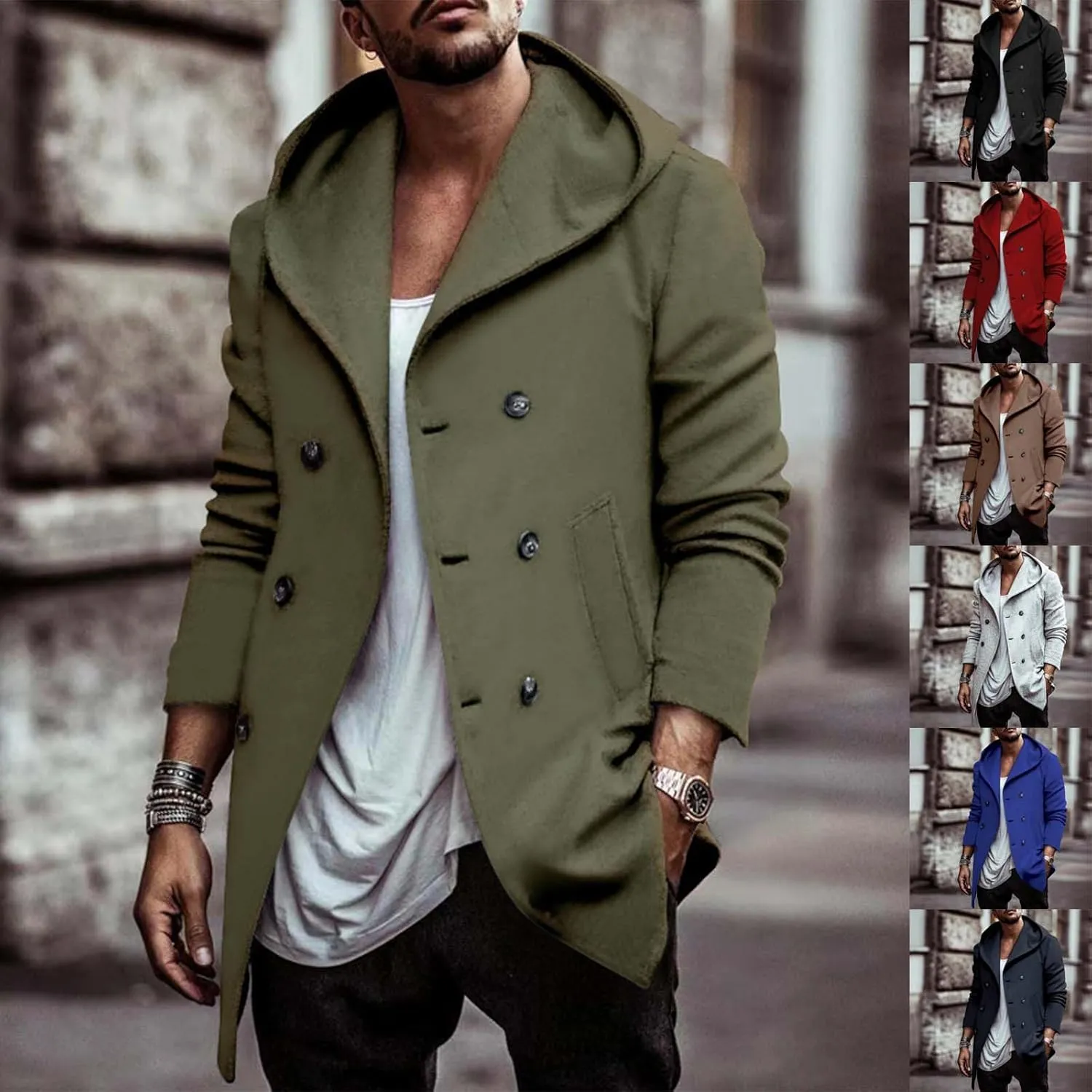 Mens Notch Lapel Double Breasted Trench Coat Winter Warm Wool Blend Pea Coat Work Business Windproof Jacket Overcoat