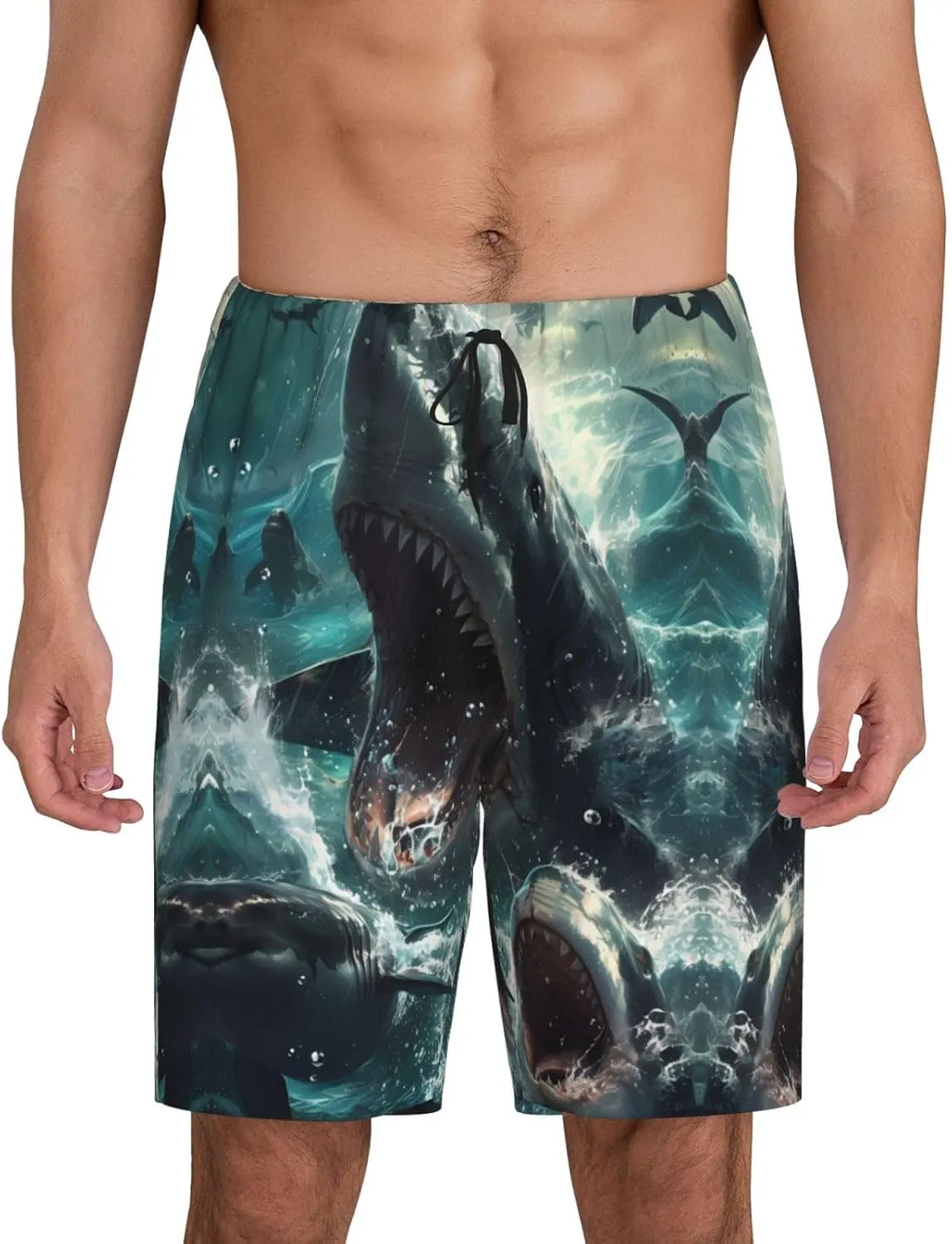 Mens Pajama Pants - Wave Ocean Animal Shark Sleep Comfy Shorts Mens Pajama Shorts, Pj Pants for Mens Lounge Shorts