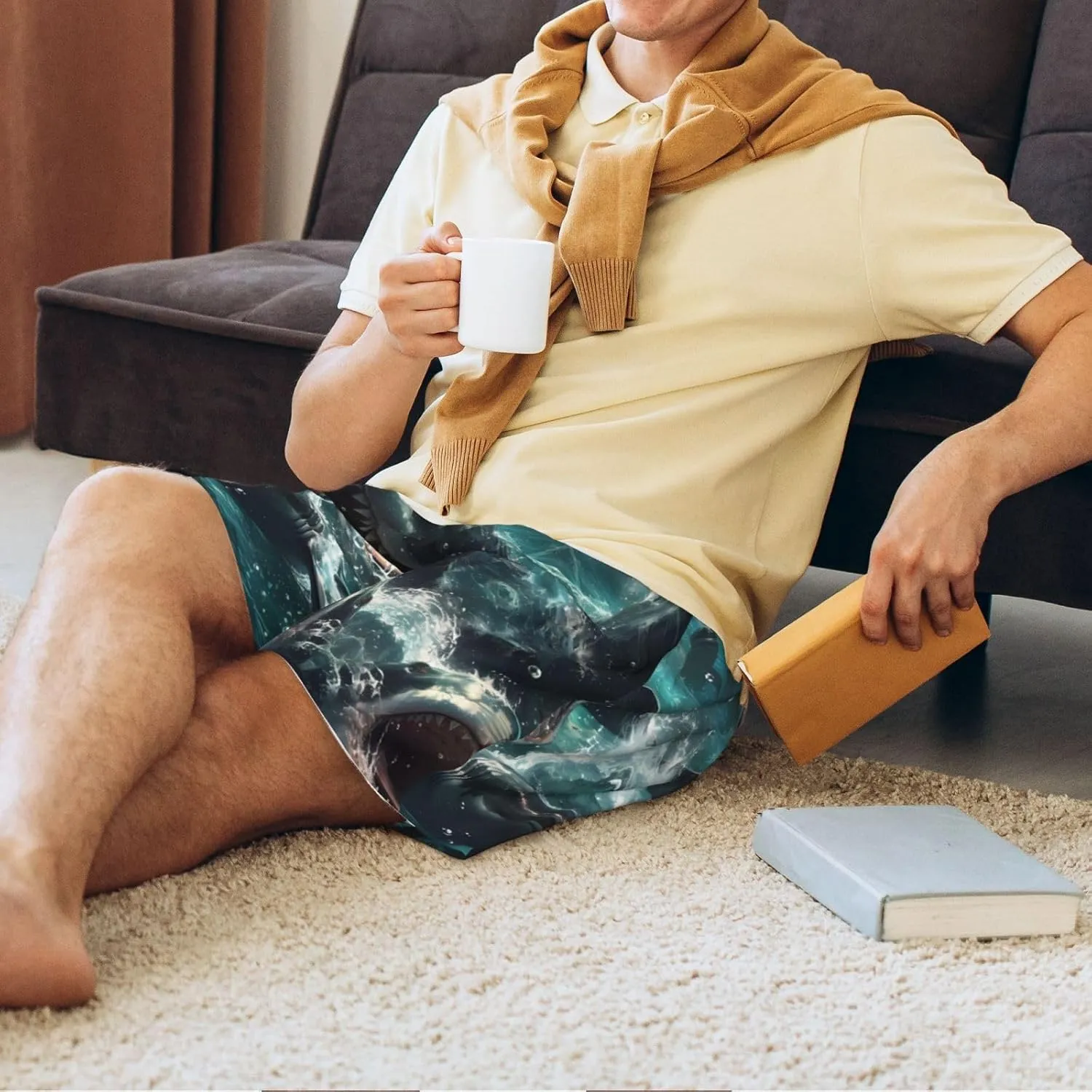 Mens Pajama Pants - Wave Ocean Animal Shark Sleep Comfy Shorts Mens Pajama Shorts, Pj Pants for Mens Lounge Shorts