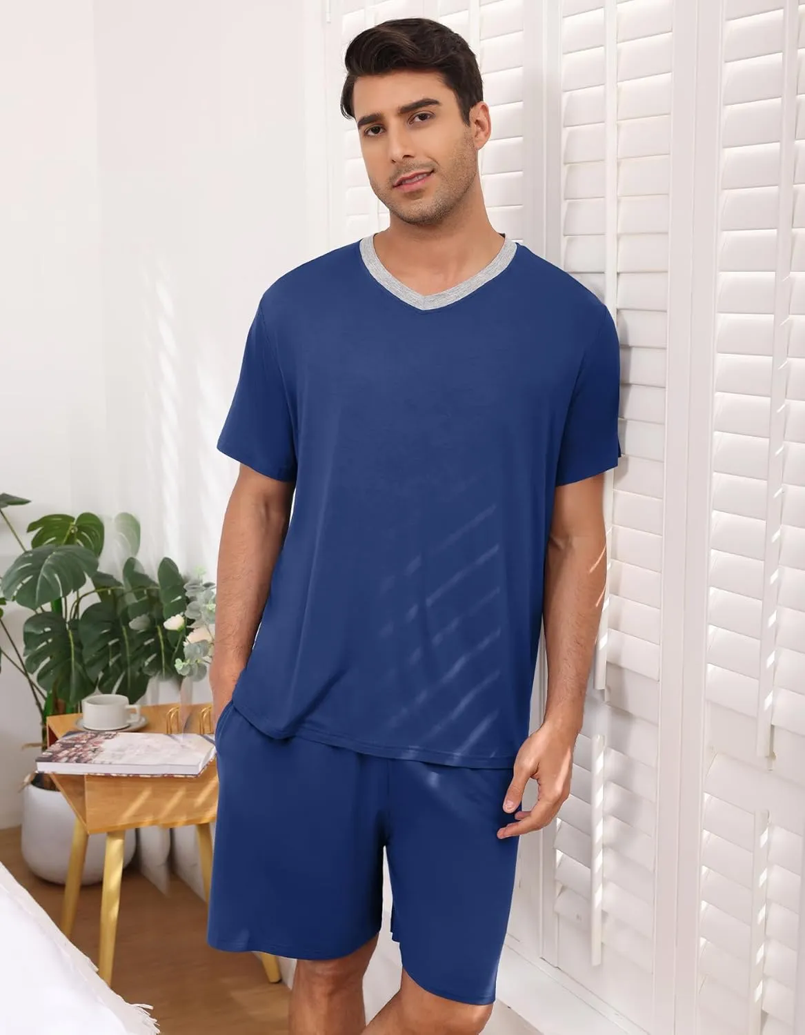 Mens Pajama Set Short Sleeve Sleepwear Summer Lightweight Pjs Set 2 Piece Comfy V-Neck Nightwear With Pockets S-3XL