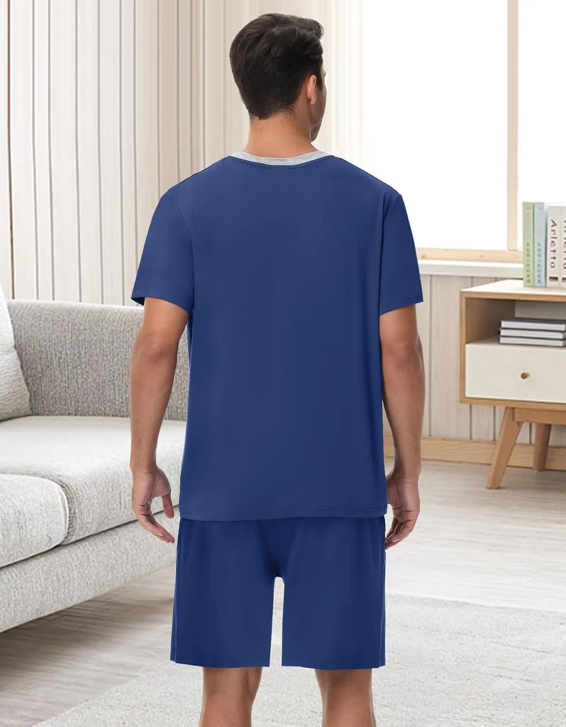 Mens Pajama Set Short Sleeve Sleepwear Summer Lightweight Pjs Set 2 Piece Comfy V-Neck Nightwear With Pockets S-3XL