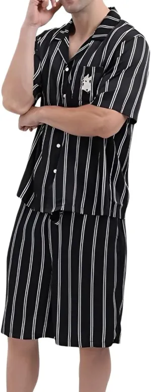 Men's Pajamas Set 100% Cotton Short Sleeve Button Down Pj Shorts Sets Sleepwear Homewear (Color : Black, Size : X-Large)