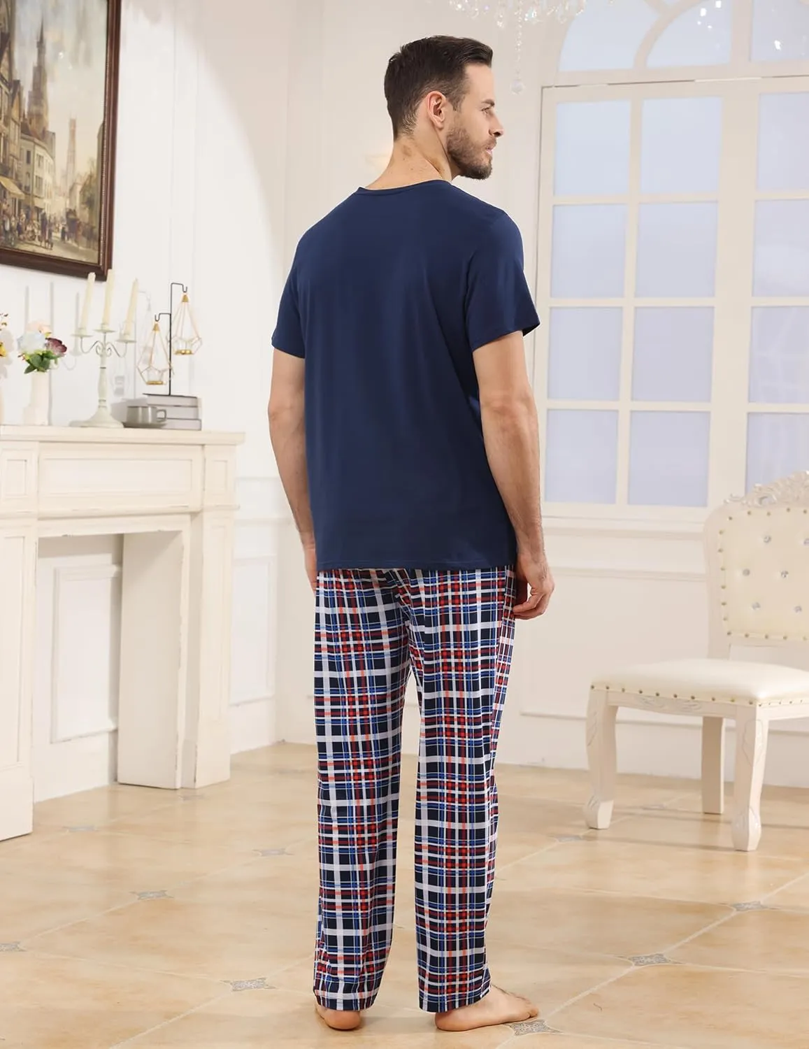 Mens Pajamas Set Cotton Short Sleeve and Plaid Long Pants 2 Piece Loungewear Sleepwear with Pocket