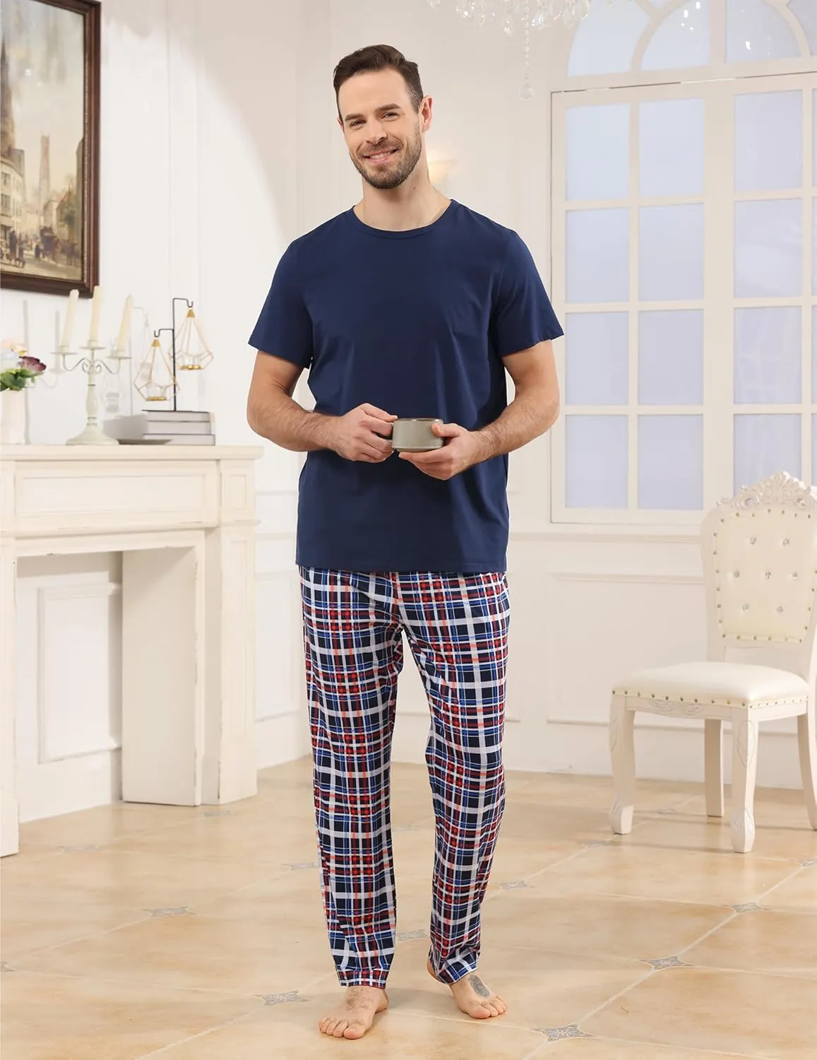 Mens Pajamas Set Cotton Short Sleeve and Plaid Long Pants 2 Piece Loungewear Sleepwear with Pocket