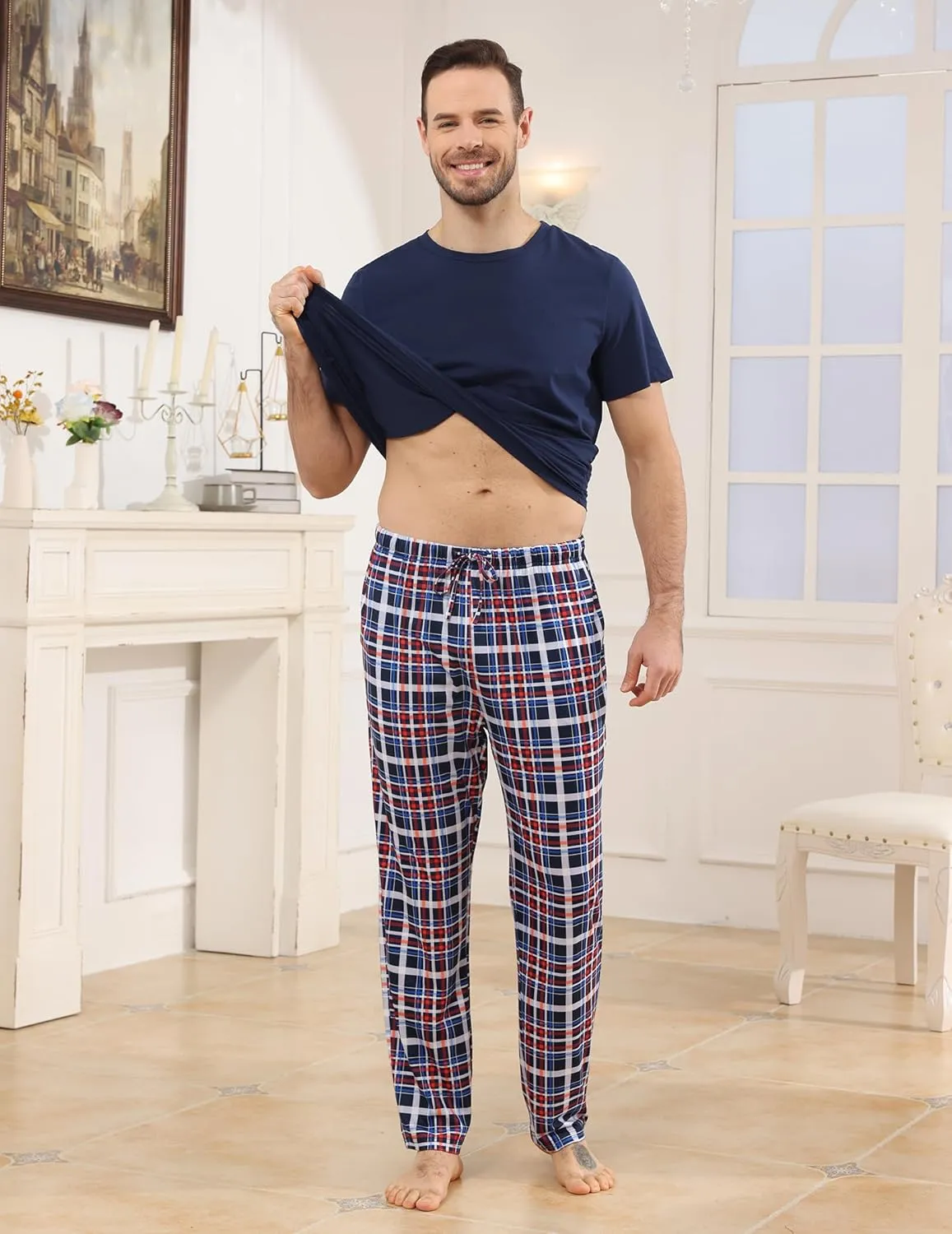 Mens Pajamas Set Cotton Short Sleeve and Plaid Long Pants 2 Piece Loungewear Sleepwear with Pocket