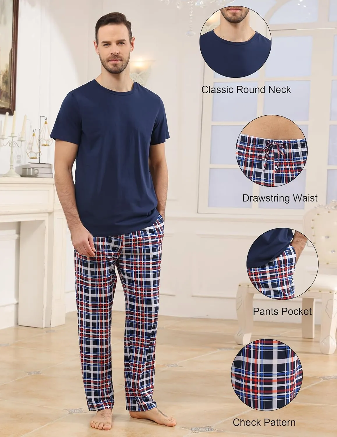 Mens Pajamas Set Cotton Short Sleeve and Plaid Long Pants 2 Piece Loungewear Sleepwear with Pocket