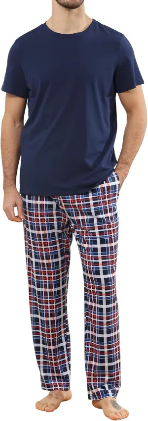 Mens Pajamas Set Cotton Short Sleeve and Plaid Long Pants 2 Piece Loungewear Sleepwear with Pocket