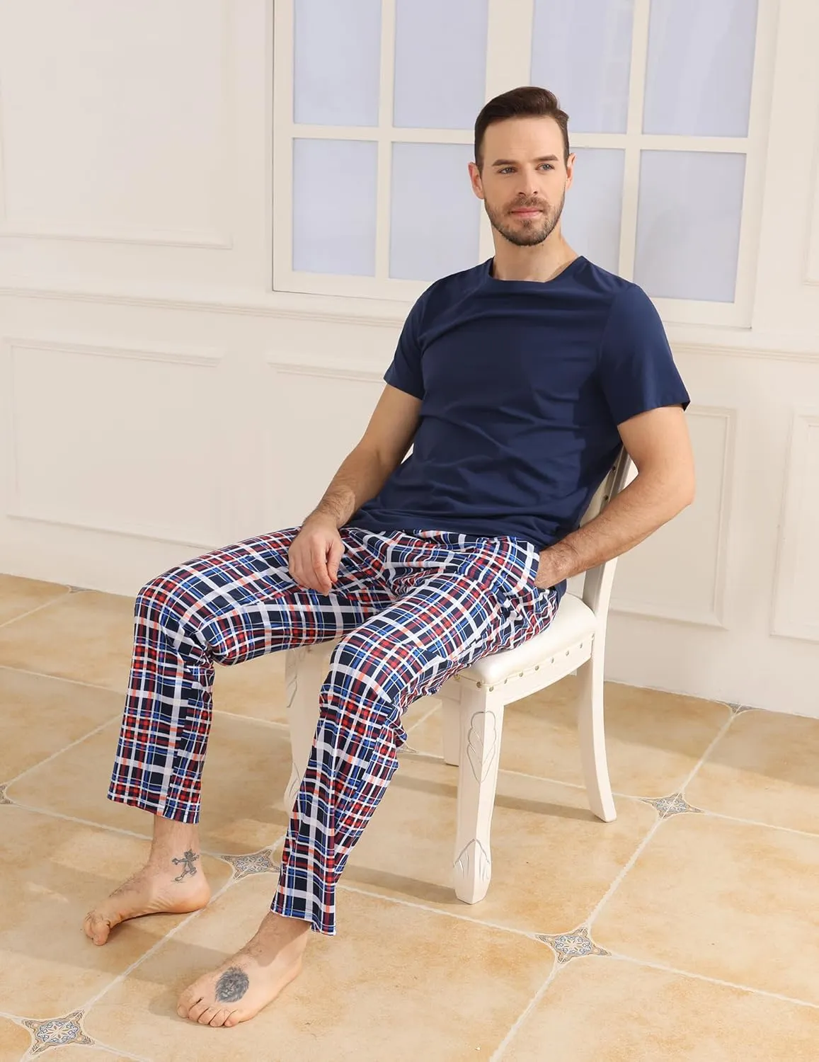 Mens Pajamas Set Cotton Short Sleeve and Plaid Long Pants 2 Piece Loungewear Sleepwear with Pocket