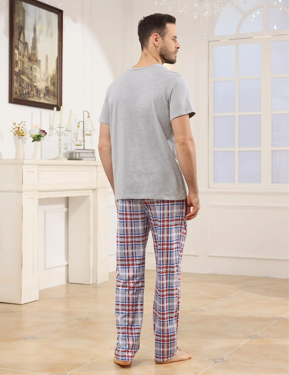 Mens Pajamas Set Cotton Short Sleeve and Plaid Long Pants Loungewear Sleepwear Set Soft Comfy 2 Piece Nightwear