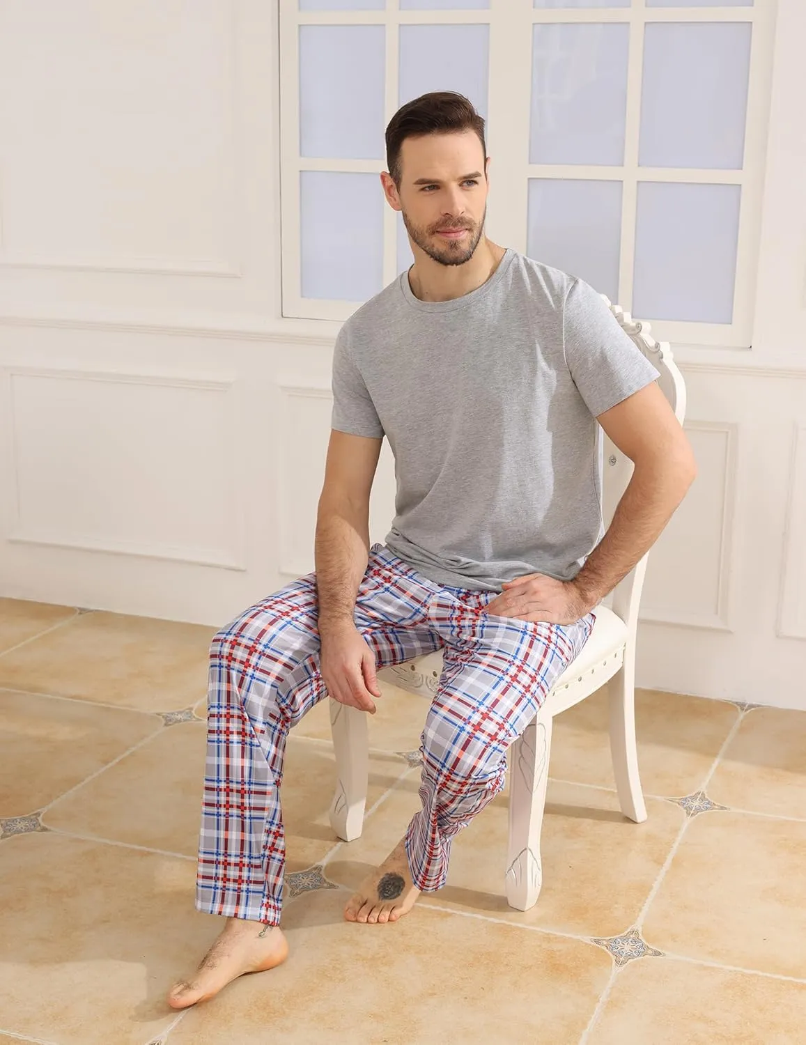 Mens Pajamas Set Cotton Short Sleeve and Plaid Long Pants Loungewear Sleepwear Set Soft Comfy 2 Piece Nightwear
