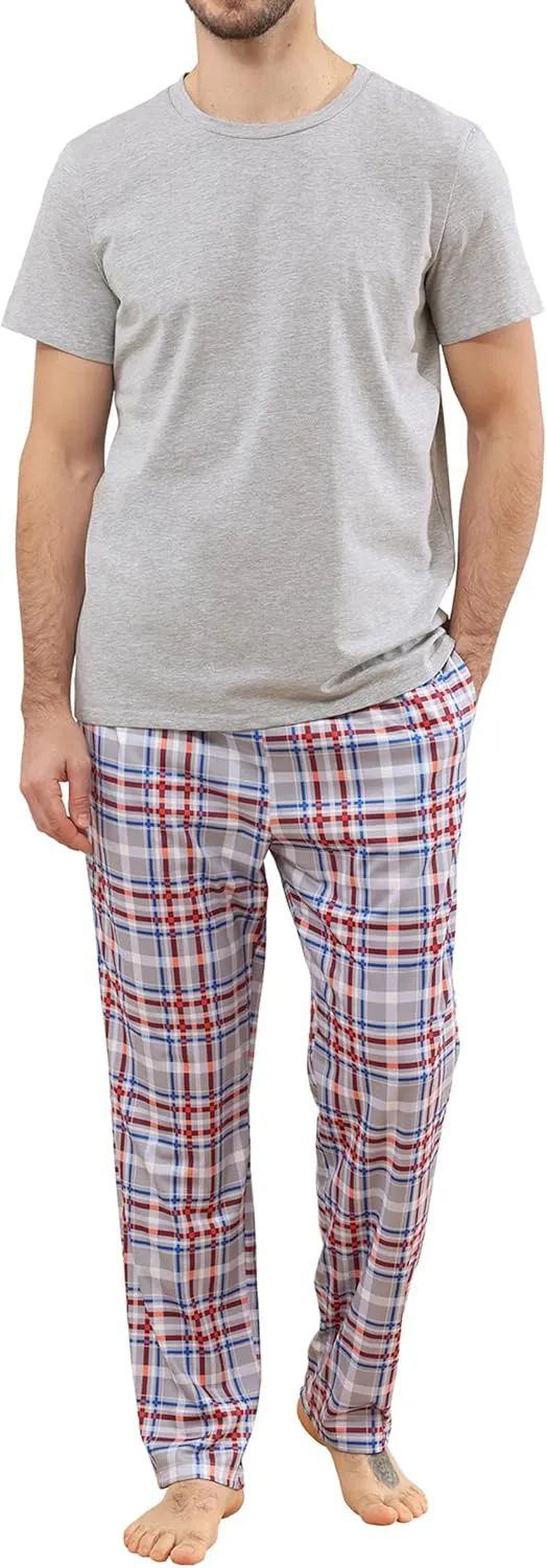 Mens Pajamas Set Cotton Short Sleeve and Plaid Long Pants Loungewear Sleepwear Set Soft Comfy 2 Piece Nightwear