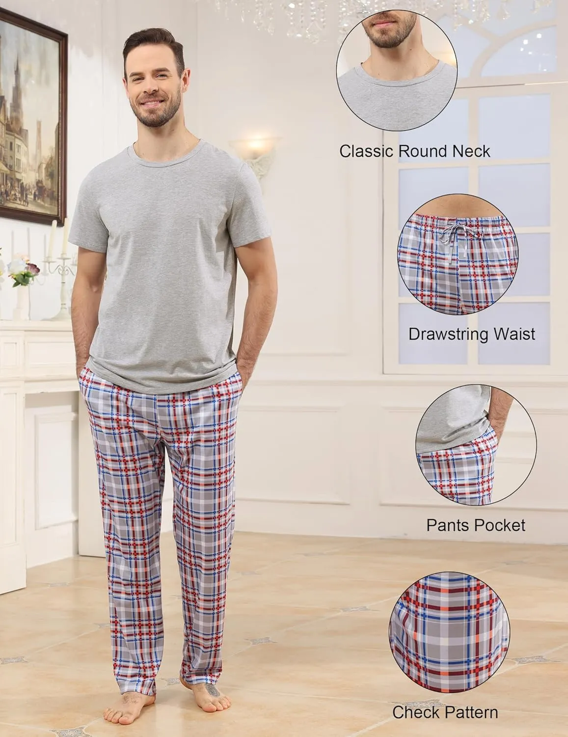 Mens Pajamas Set Cotton Short Sleeve and Plaid Long Pants Loungewear Sleepwear Set Soft Comfy 2 Piece Nightwear