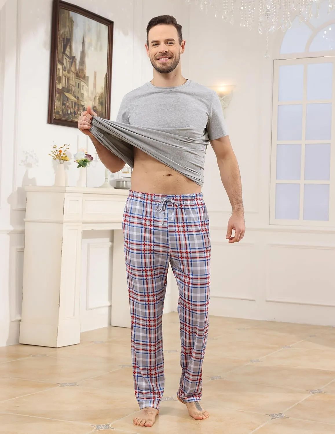 Mens Pajamas Set Cotton Short Sleeve and Plaid Long Pants Loungewear Sleepwear Set Soft Comfy 2 Piece Nightwear