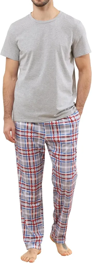 Mens Pajamas Set Cotton Short Sleeve and Plaid Long Pants Loungewear Sleepwear Set Soft Comfy 2 Piece Nightwear