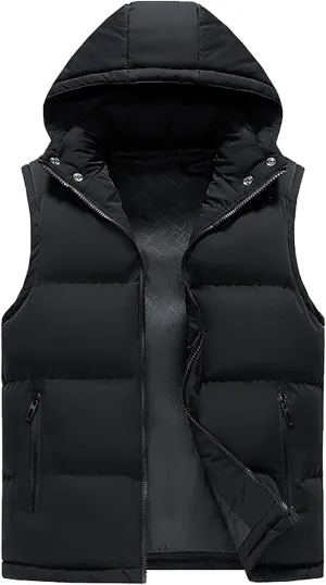 Men's Puffer Vest Removable Hooded Sleeveless Zip Up Padded Jackets Coat Lightweight Quilted Gilet with Pockets