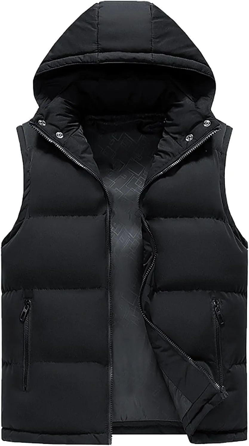 Men's Puffer Vest Removable Hooded Sleeveless Zip Up Padded Jackets Coat Lightweight Quilted Gilet with Pockets