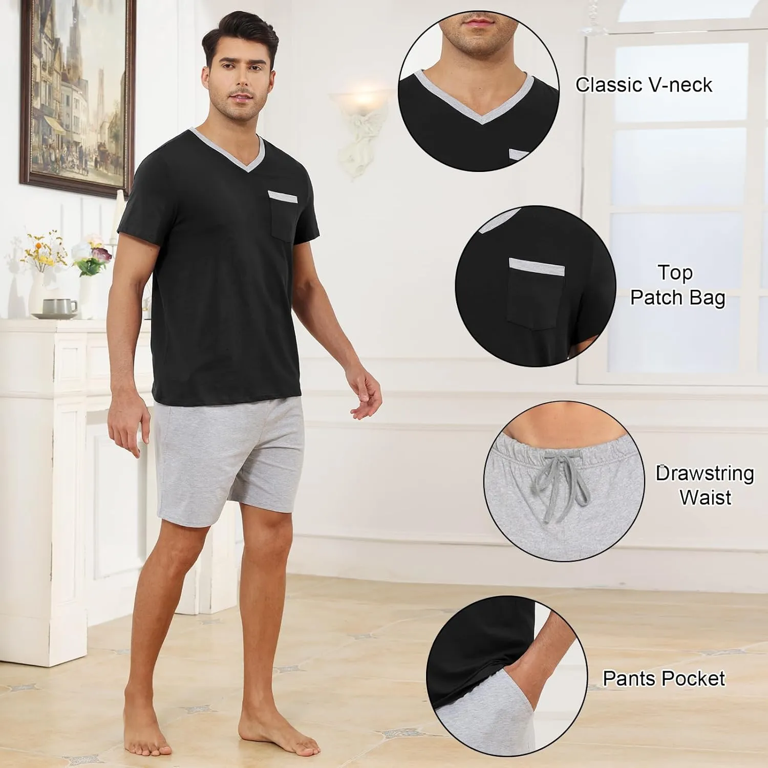 Mens Pyjamas Set Cotton Short Sleeve and Shorts 2 Piece PJ Set Soft Comfy Loungewear V Nect Men's Nightwear Set