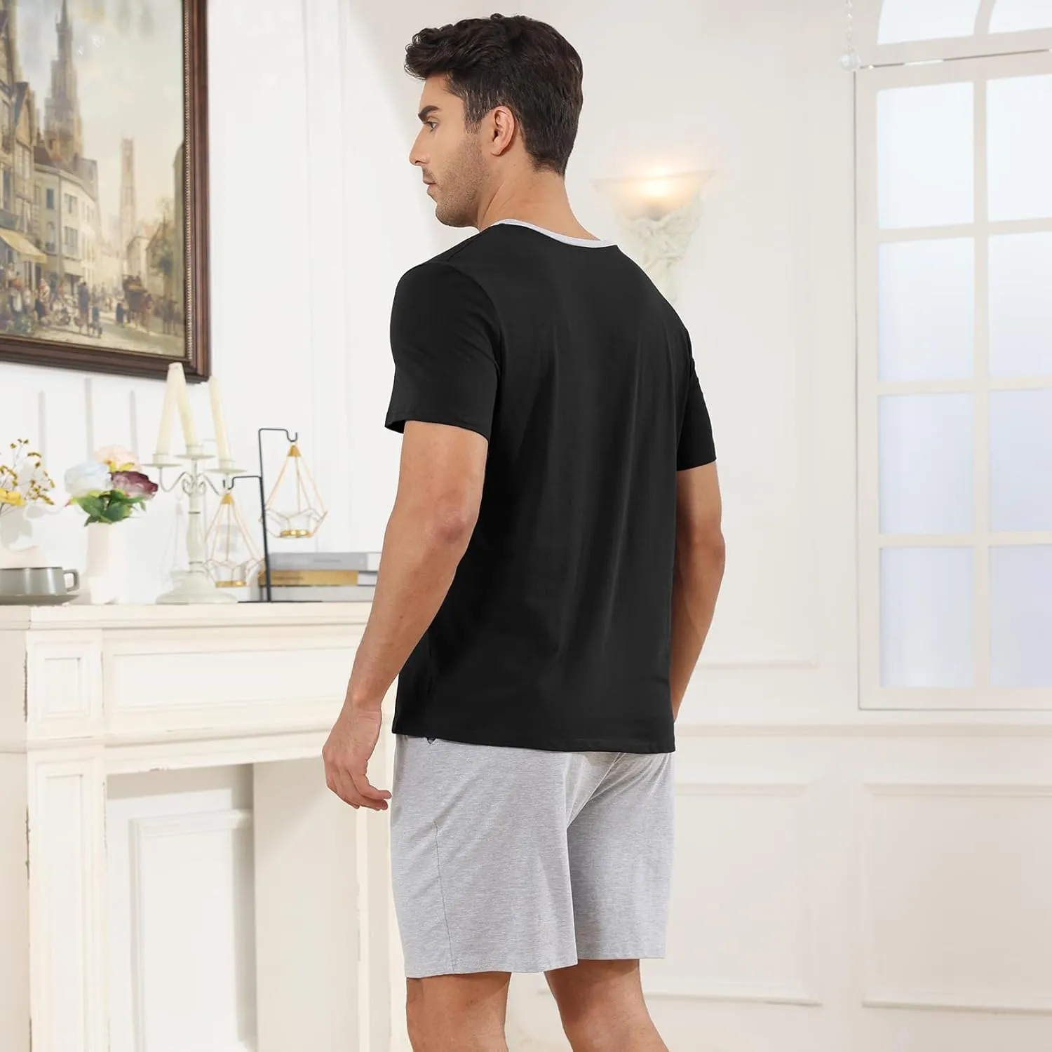 Mens Pyjamas Set Cotton Short Sleeve and Shorts 2 Piece PJ Set Soft Comfy Loungewear V Nect Men's Nightwear Set