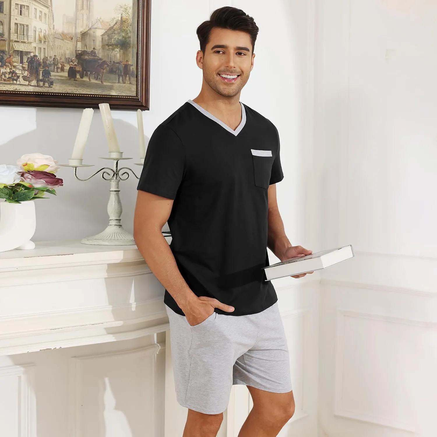 Mens Pyjamas Set Cotton Short Sleeve and Shorts 2 Piece PJ Set Soft Comfy Loungewear V Nect Men's Nightwear Set