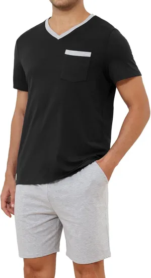 Mens Pyjamas Set Cotton Short Sleeve and Shorts 2 Piece PJ Set Soft Comfy Loungewear V Nect Men's Nightwear Set