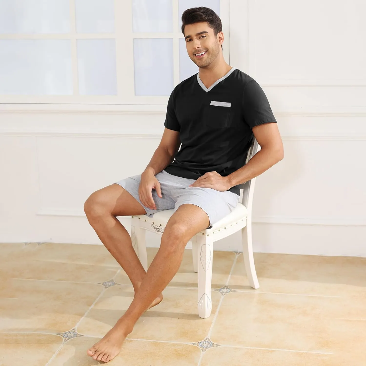 Mens Pyjamas Set Cotton Short Sleeve and Shorts 2 Piece PJ Set Soft Comfy Loungewear V Nect Men's Nightwear Set