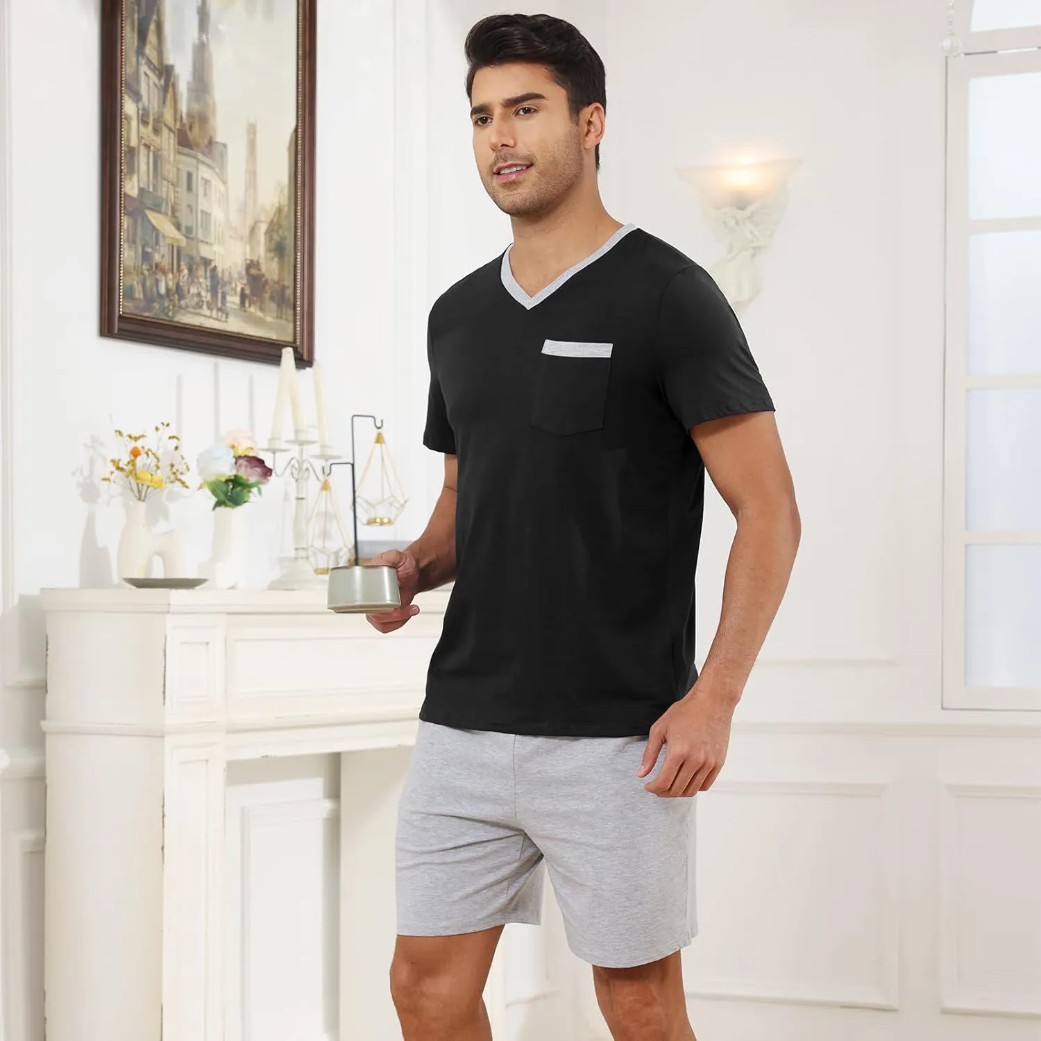 Mens Pyjamas Set Cotton Short Sleeve and Shorts 2 Piece PJ Set Soft Comfy Loungewear V Nect Men's Nightwear Set
