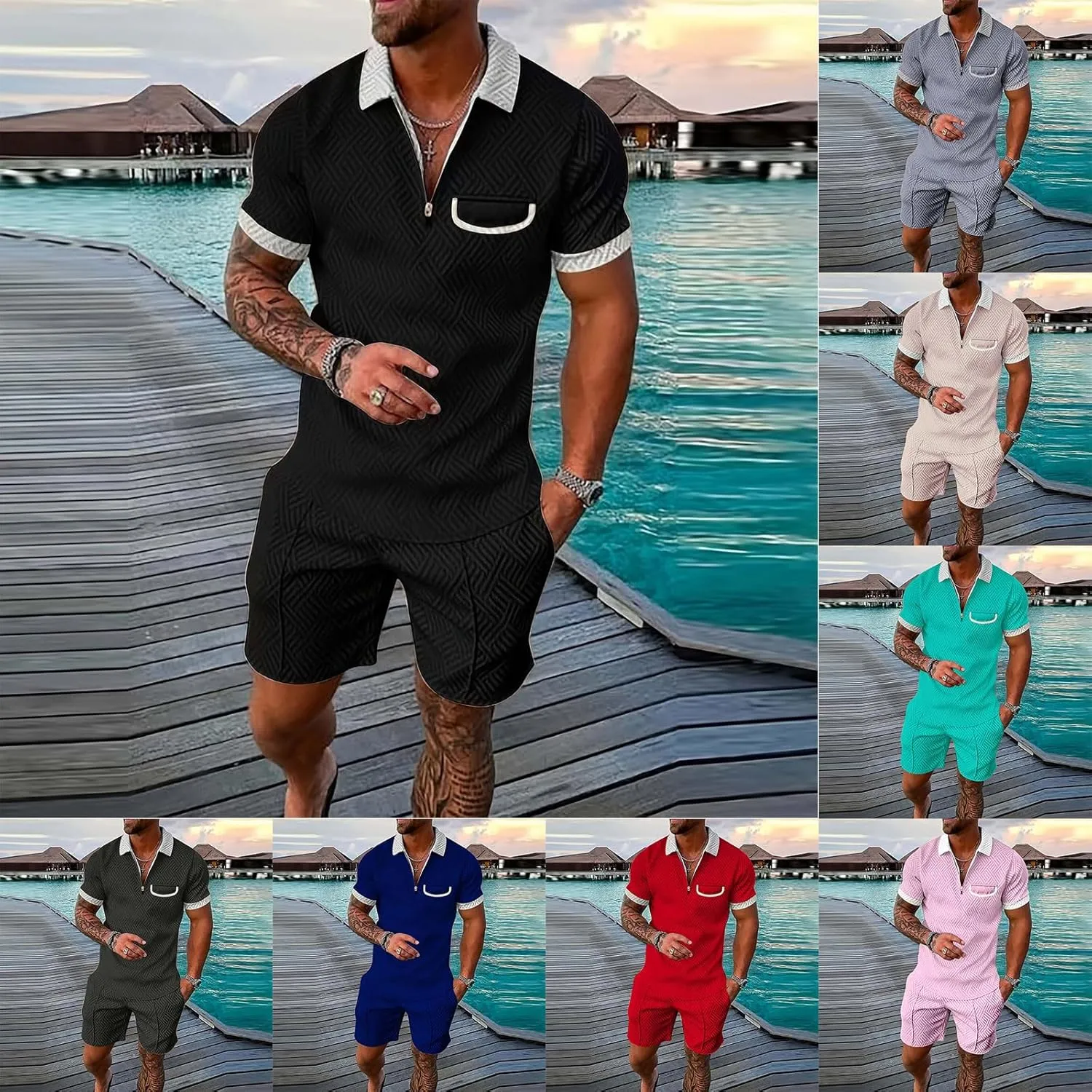 Men's Shirt Short Sets Big and Tall Summer Beach Lapel Neck T-Shirts Shorts Set with Pockets Comfort Sport Suit