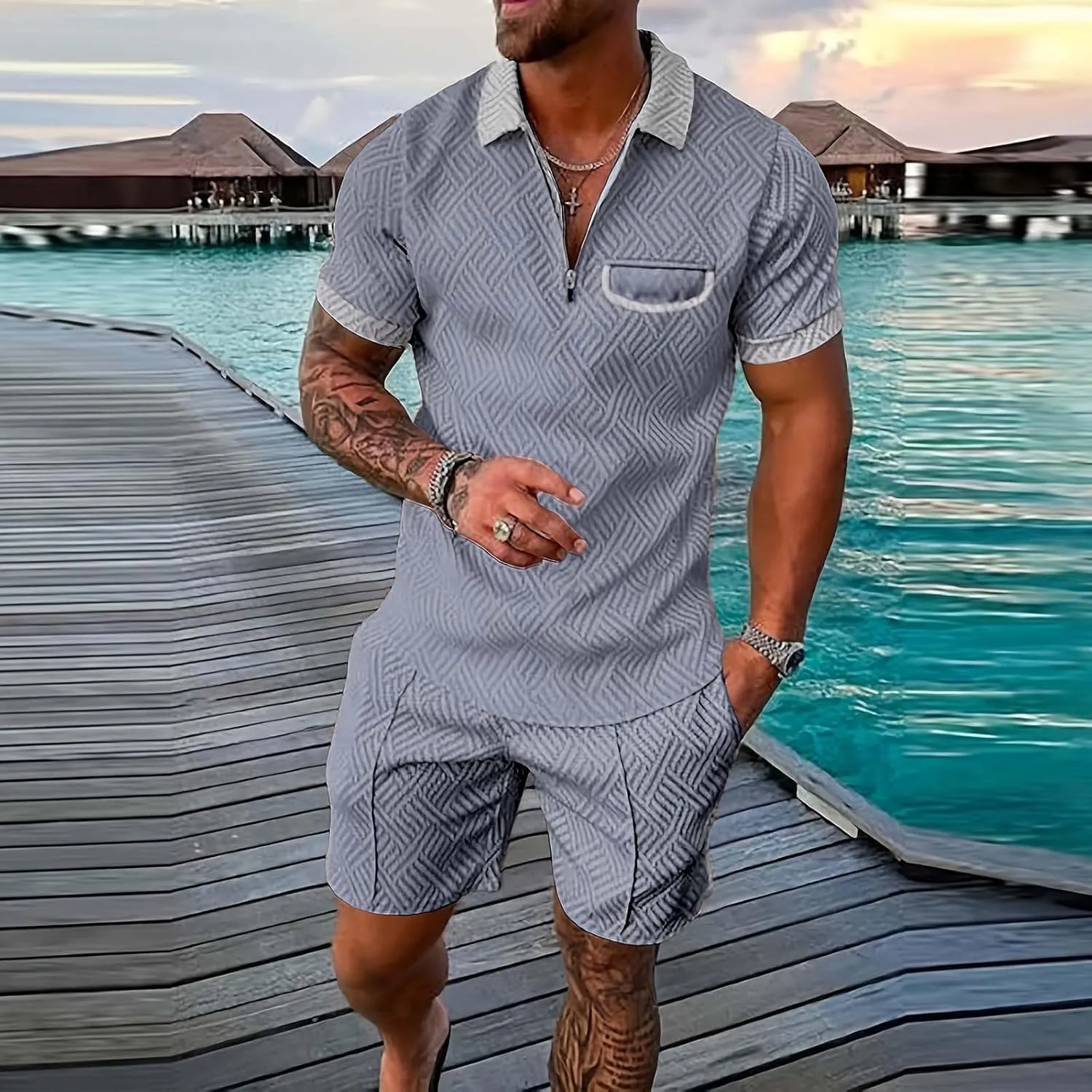 Men's Shirt Short Sets Big and Tall Summer Beach Lapel Neck T-Shirts Shorts Set with Pockets Comfort Sport Suit