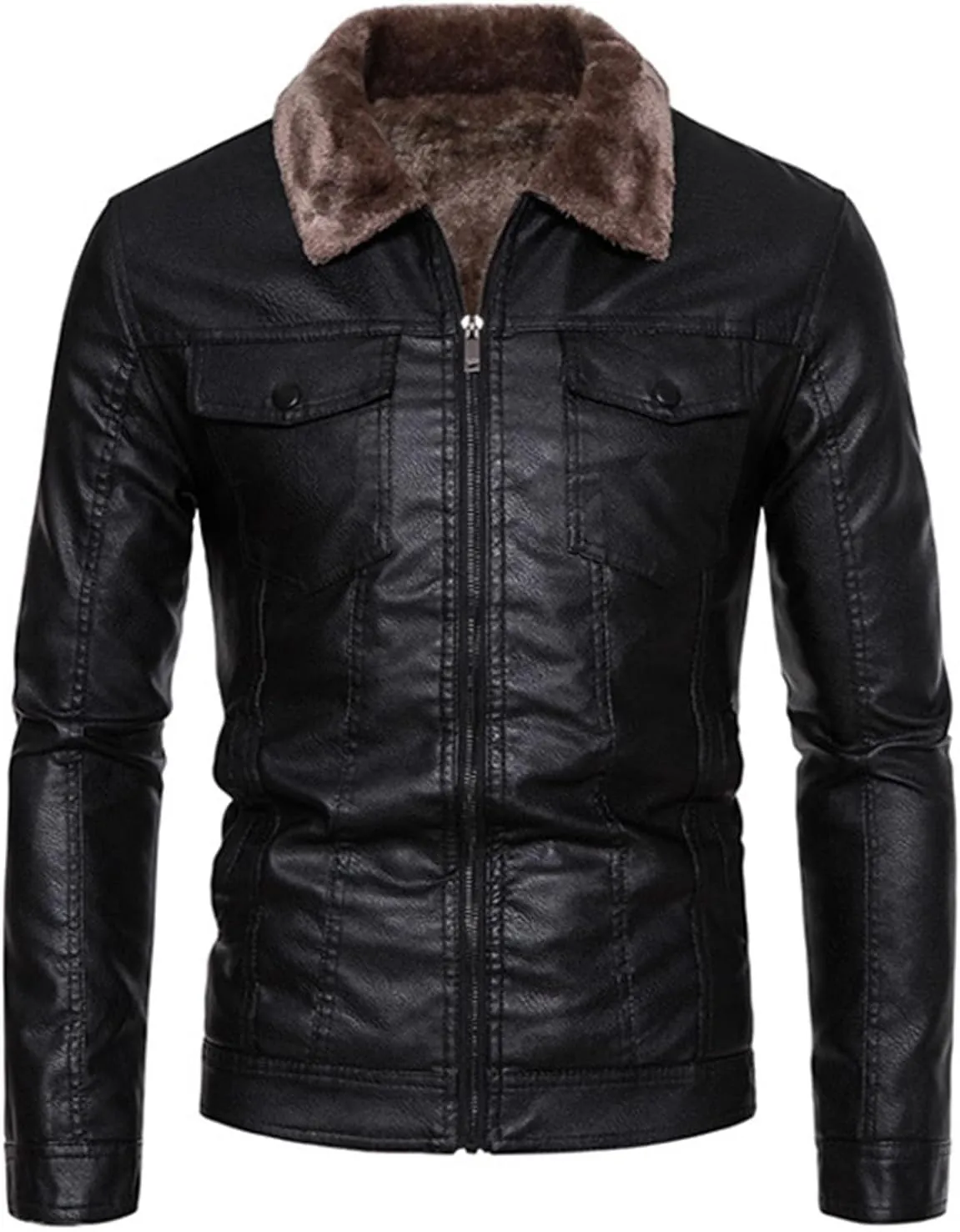 Mens Slim Fit Faux Leather Jacket Brown Sherpa Fleece Lined Motorcycle Jacket Zip Up Biker Bomber Jacket