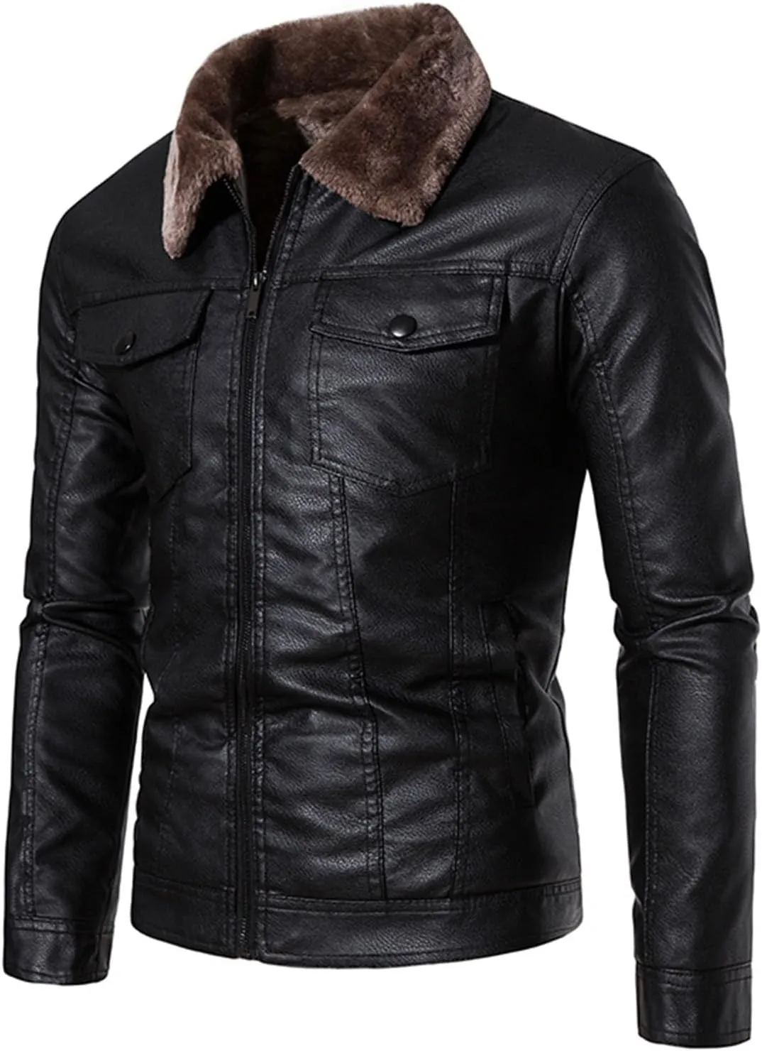 Mens Slim Fit Faux Leather Jacket Brown Sherpa Fleece Lined Motorcycle Jacket Zip Up Biker Bomber Jacket