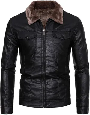 Mens Slim Fit Faux Leather Jacket Brown Sherpa Fleece Lined Motorcycle Jacket Zip Up Biker Bomber Jacket