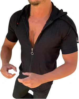Men's Slim Fit Short Sleeve Hoodies Summer Full Zip Swiss Dot Drawstring Hooded Cardigan Tops Casual Beach T Shirts