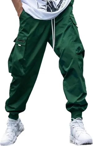Men's Streetwear Cargo Pants Casual Drawstring Elastic Waist Baggy Sweatpants Techwear Joggers with Flap Pockets