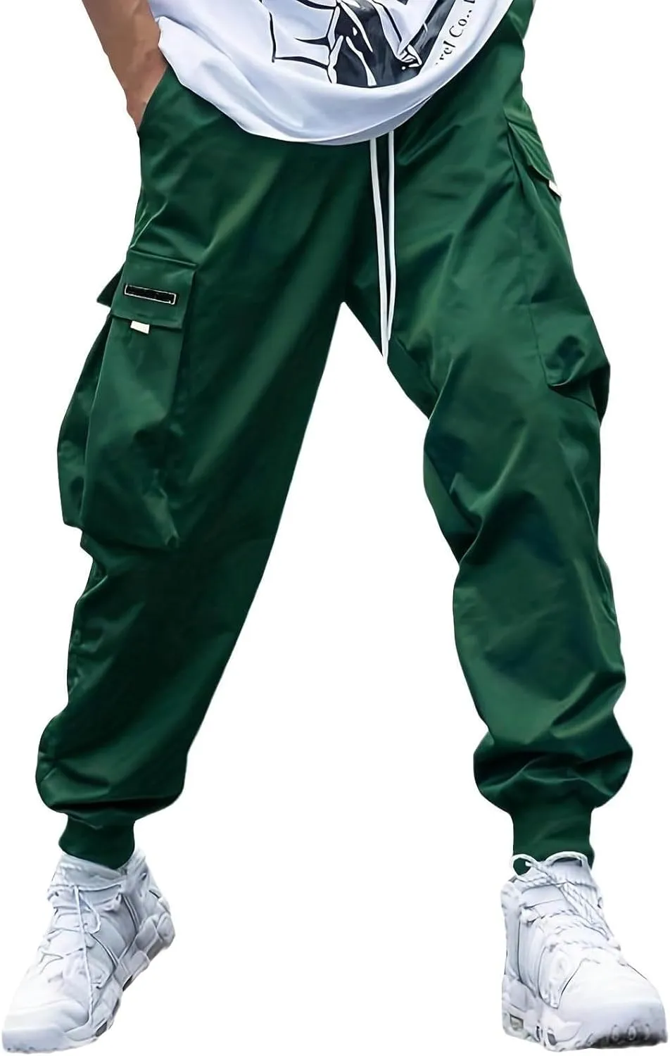Men's Streetwear Cargo Pants Casual Drawstring Elastic Waist Baggy Sweatpants Techwear Joggers with Flap Pockets