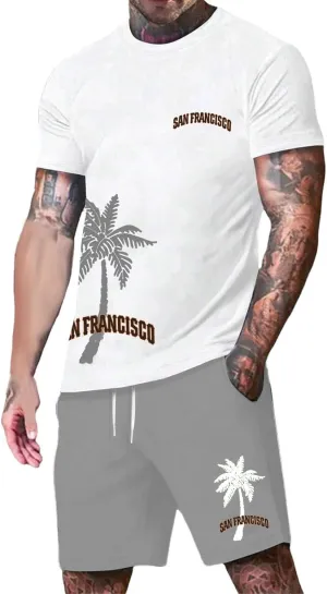 Men's Summer Beach Outfits 2 Piece Coconut Palm Printed T Shirts and Short Set Big Tall Shorts Hawaiian Sets