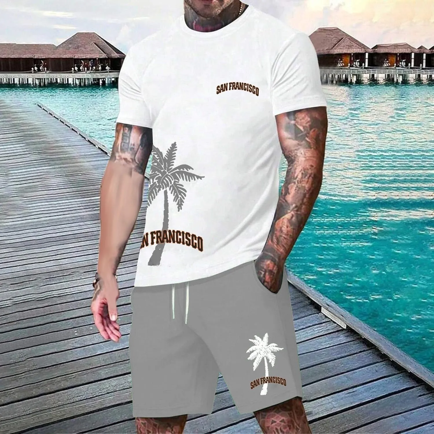 Men's Summer Beach Outfits 2 Piece Coconut Palm Printed T Shirts and Short Set Big Tall Shorts Hawaiian Sets
