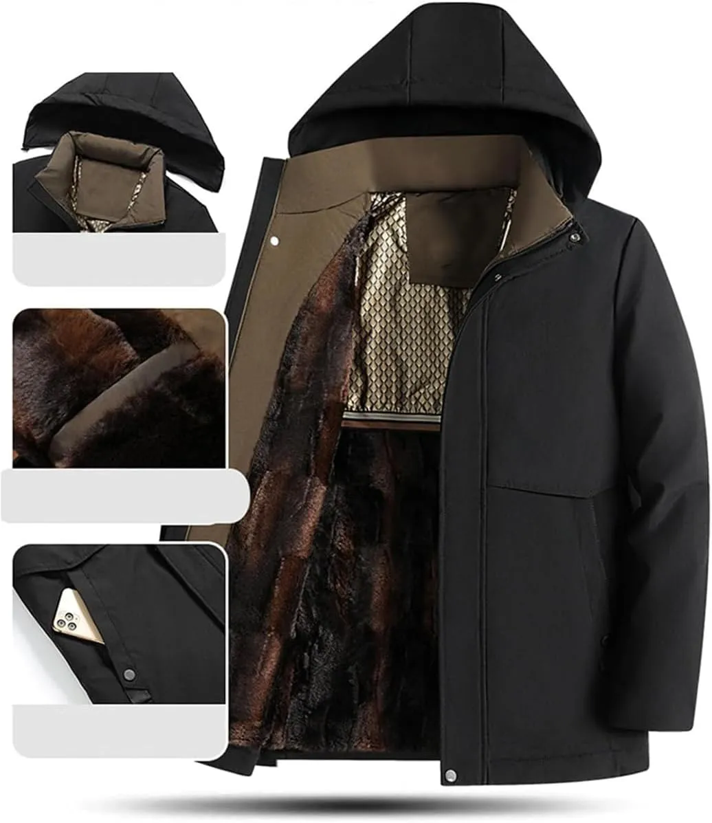 Mens Thermal Thick Hooded Parka Coat, Winter Casual Zip Up Hooded Warm Waterproof Jacket Coat for Outdoor