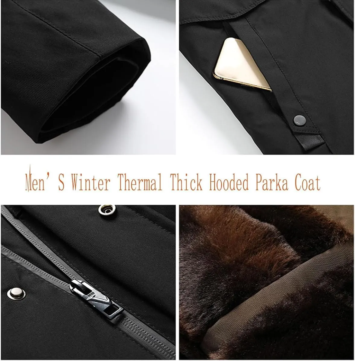 Mens Thermal Thick Hooded Parka Coat, Winter Casual Zip Up Hooded Warm Waterproof Jacket Coat for Outdoor