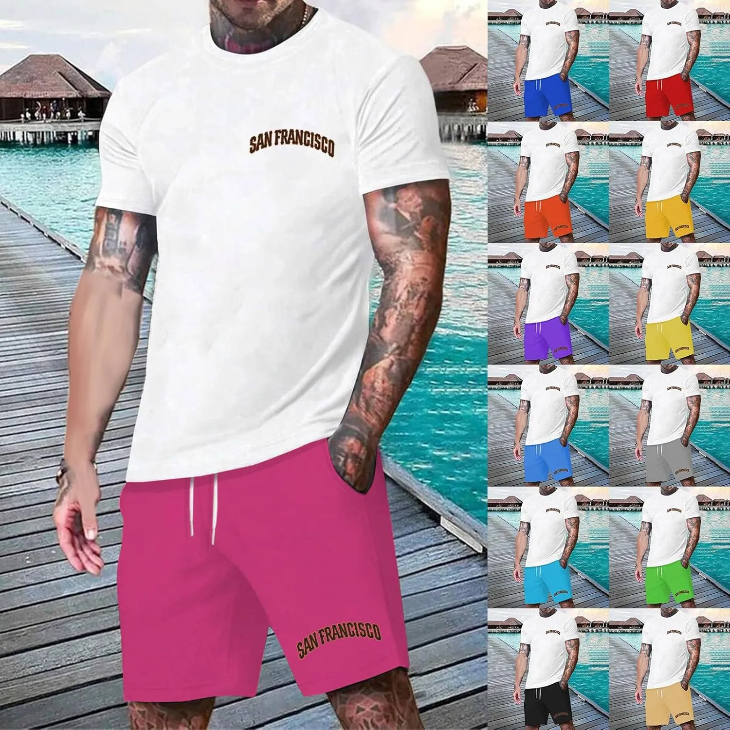 Men's Track Suits 2 Piece Set Letter Print Short Sleeve and Shorts Sets Comfort Tracksuits Summer Beach Outfits