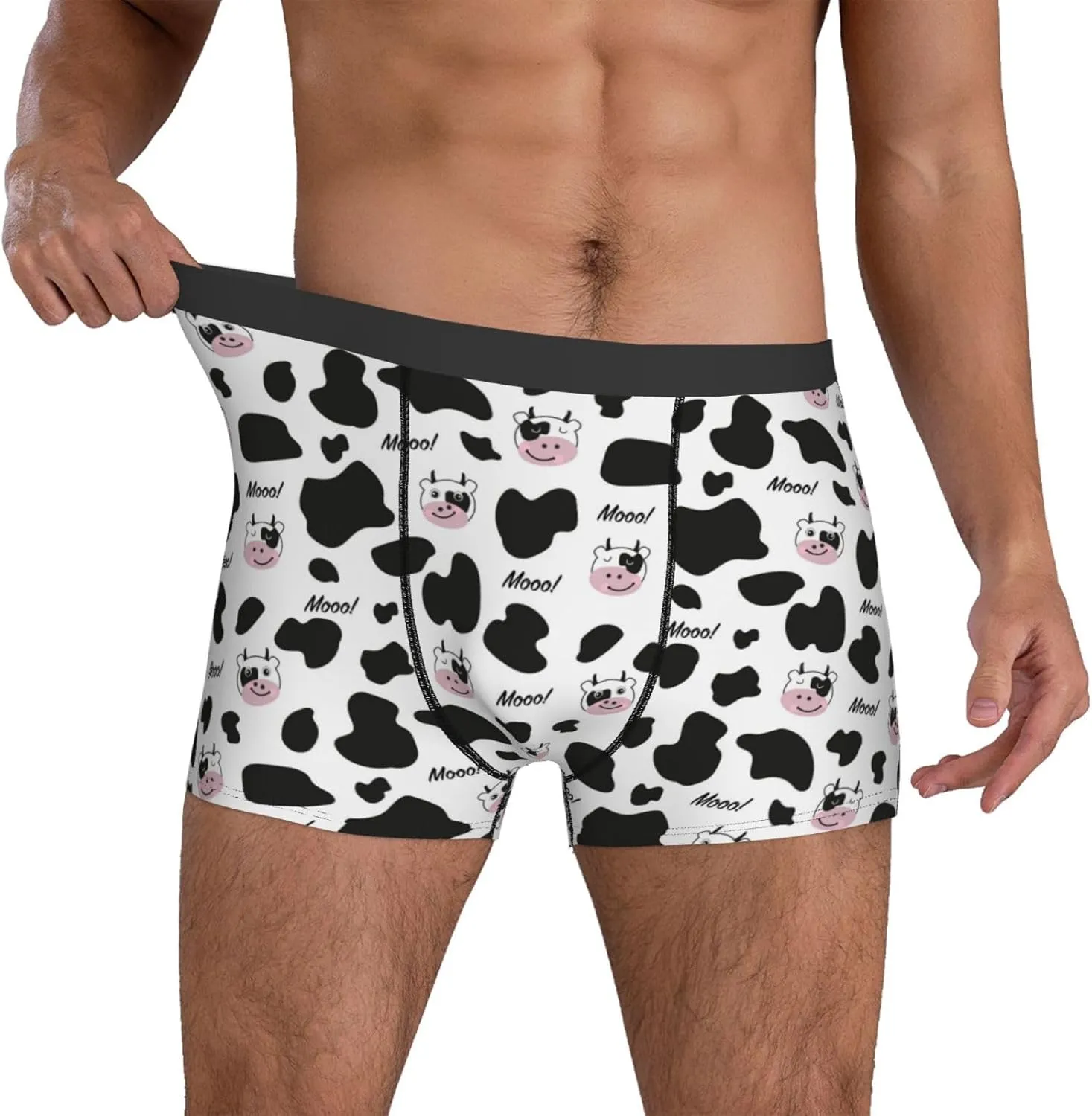 Mens Underwear Boxer Briefs - Cartoon Cute Cow Print Cow Head Breathable Men's Boxer Briefs with Flex Waistband