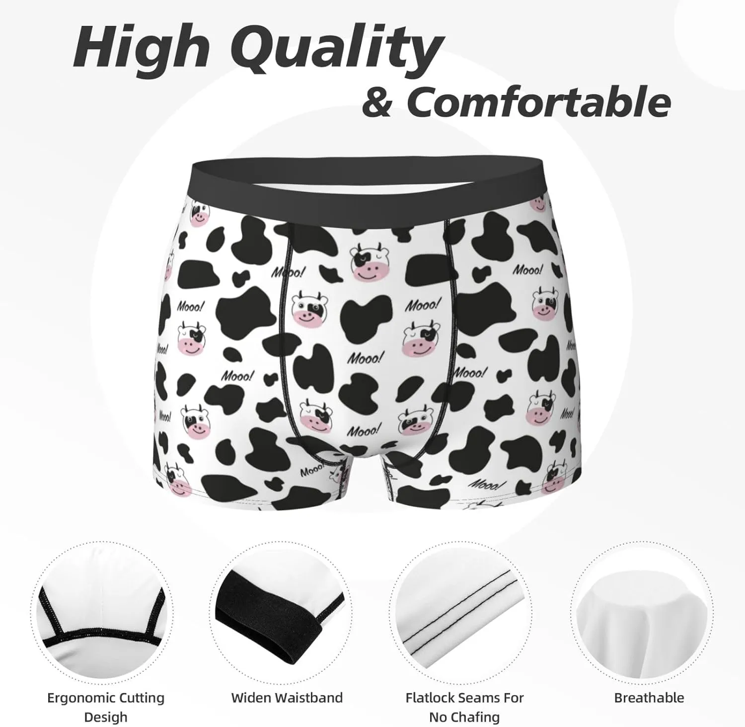 Mens Underwear Boxer Briefs - Cartoon Cute Cow Print Cow Head Breathable Men's Boxer Briefs with Flex Waistband