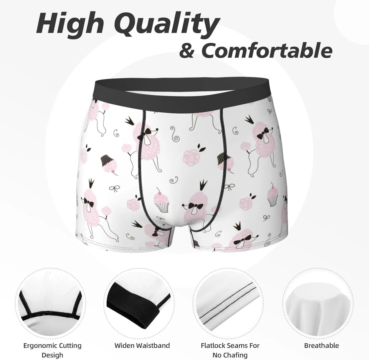Mens Underwear Boxer Briefs - Cartoon Cute Poodle Dog Pink Cake Breathable Men's Boxer Briefs with Flex Waistband