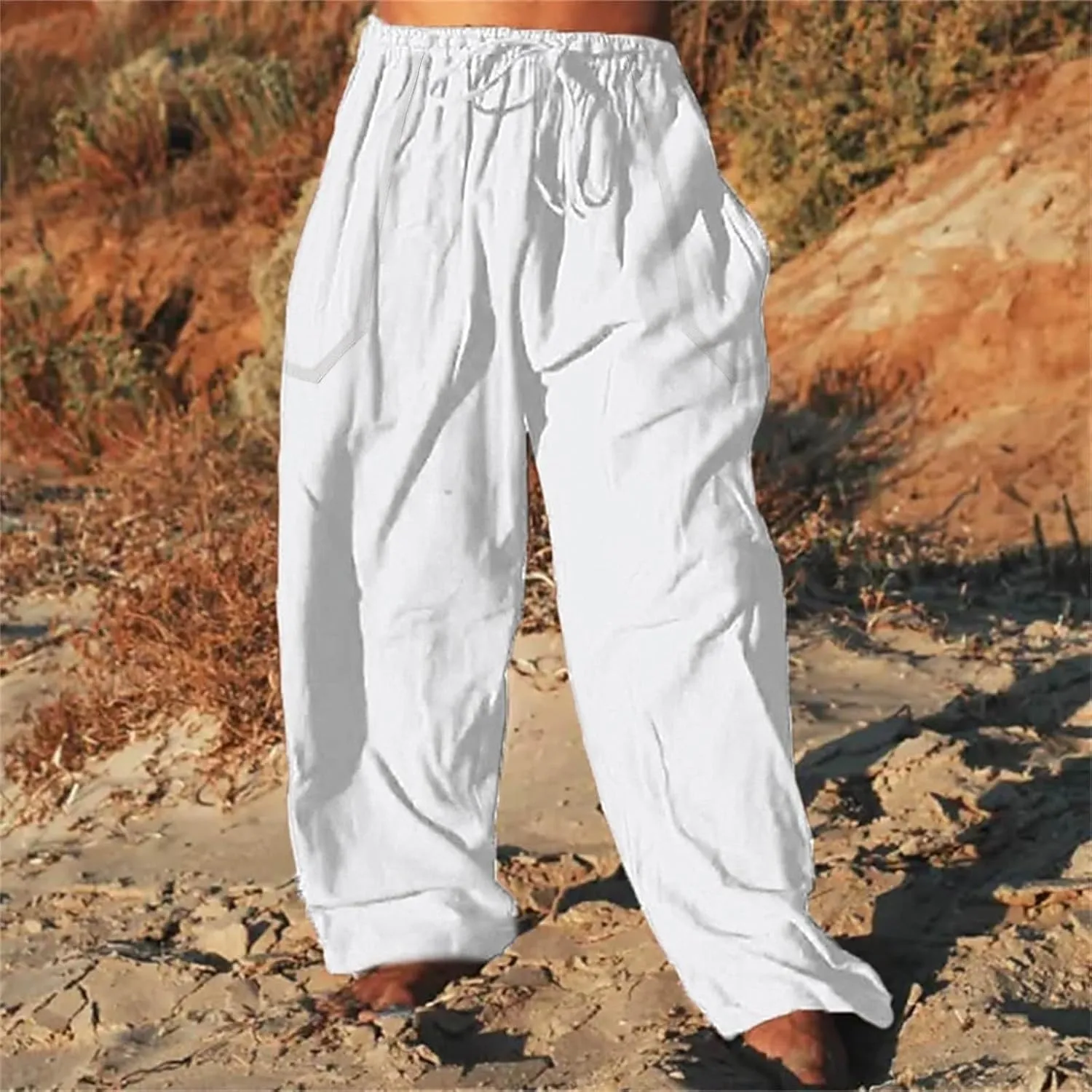 Mens Wide Leg Drawstring Pants Loose Linen Summer Beach Vacation Pants Lightweight Elastic Waist Yoga Lounge Trousers