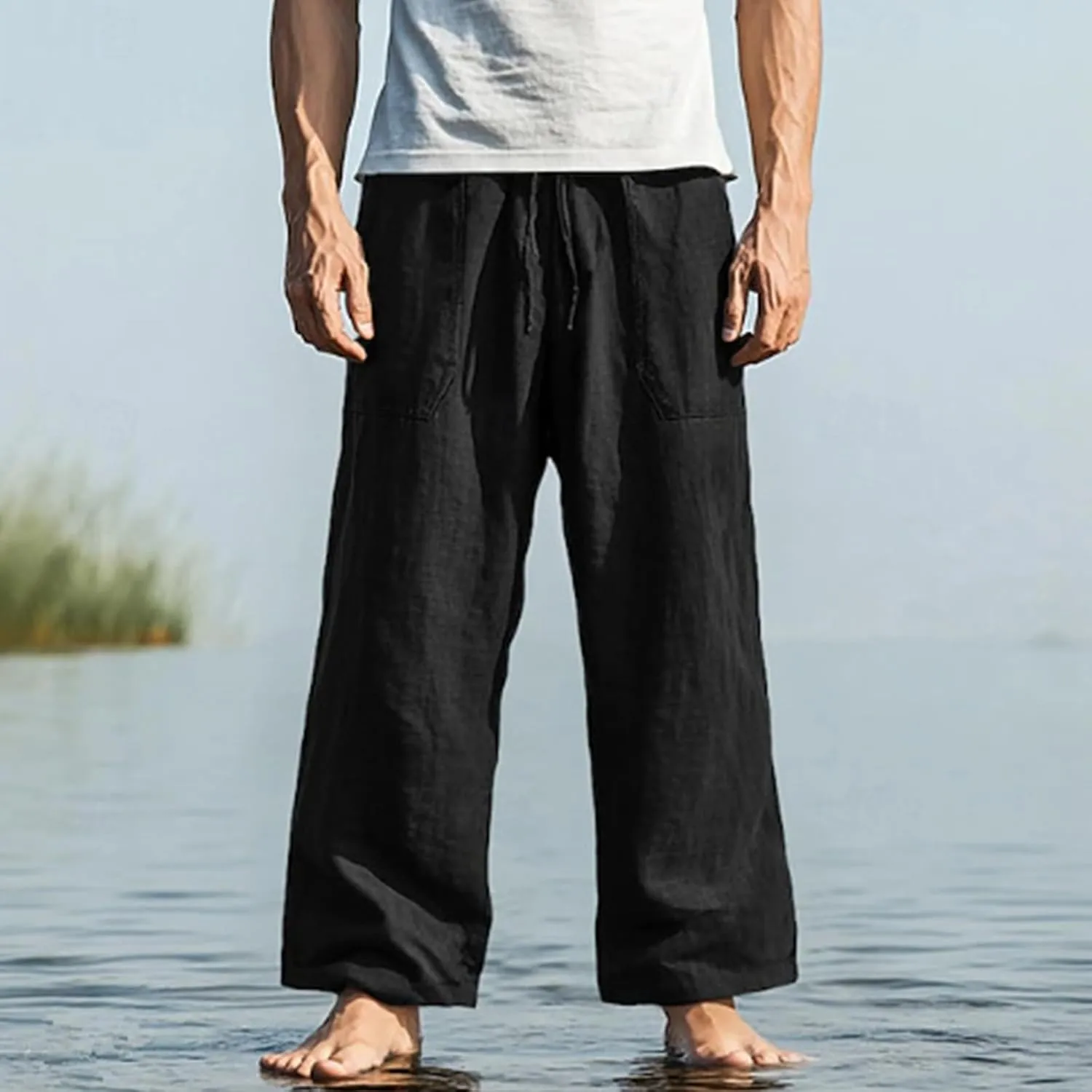 Mens Yoga Beach Pants Loose Fit Elastic Waist Straight Leg Pant Fashion Lightweight Casual Baggy Trouser with Pockets